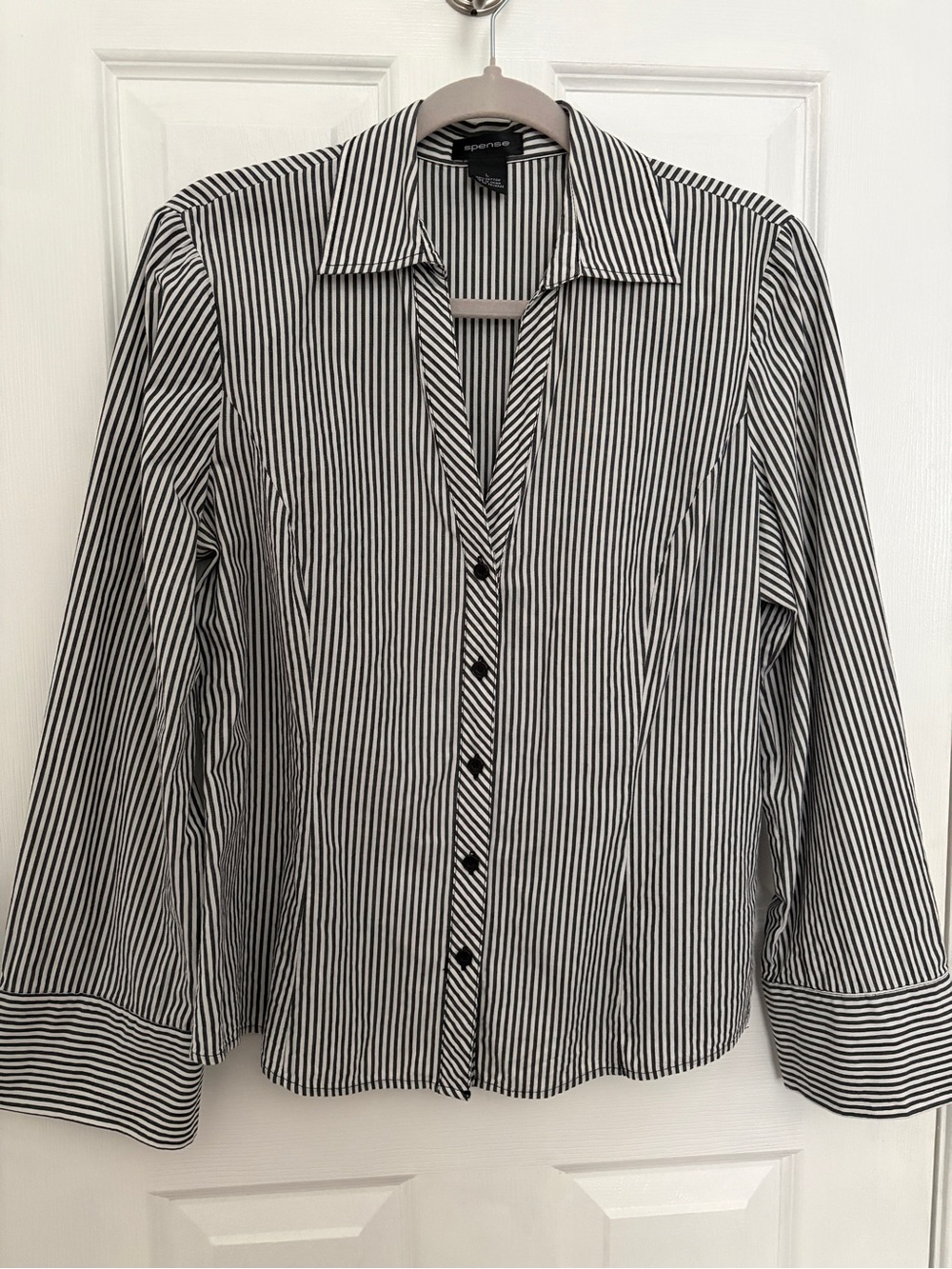 Spense Black and White Vertical Stripe Button-Down Shirt #0392